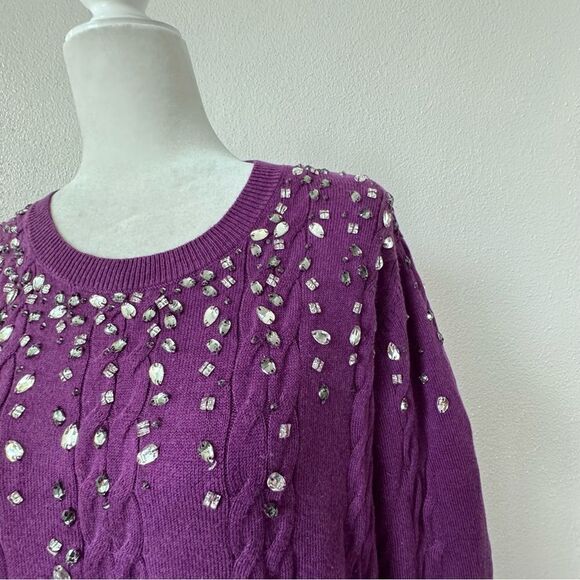 Isaac Mizrahi Live Purple Sweater Cable Knit Gemstone QVC Cardigan Size Small - Picture 3 of 15